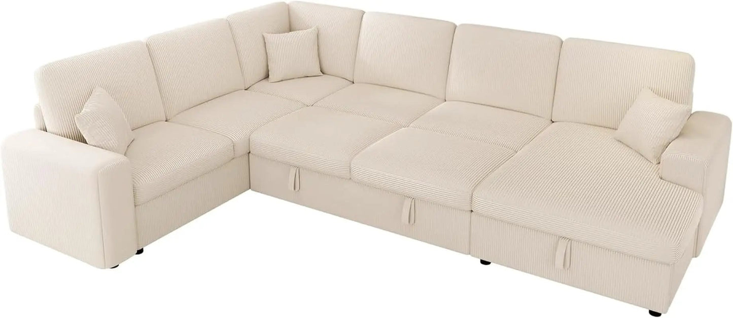 130Inch Beige Upholstered Sleeper Sofa With Storage from PriceLows™