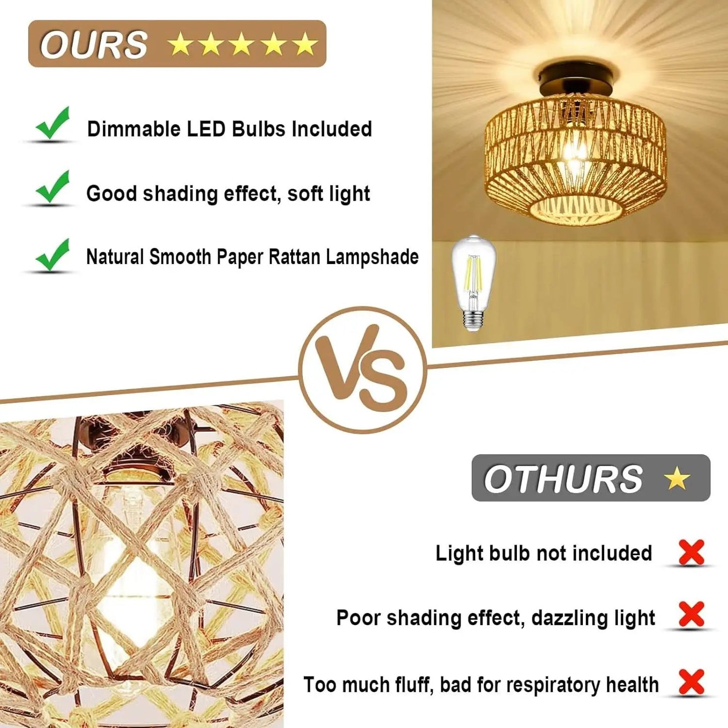 Mini Rattan Ceiling Light Fixture With Dimmable LED Bulb from PriceLows™