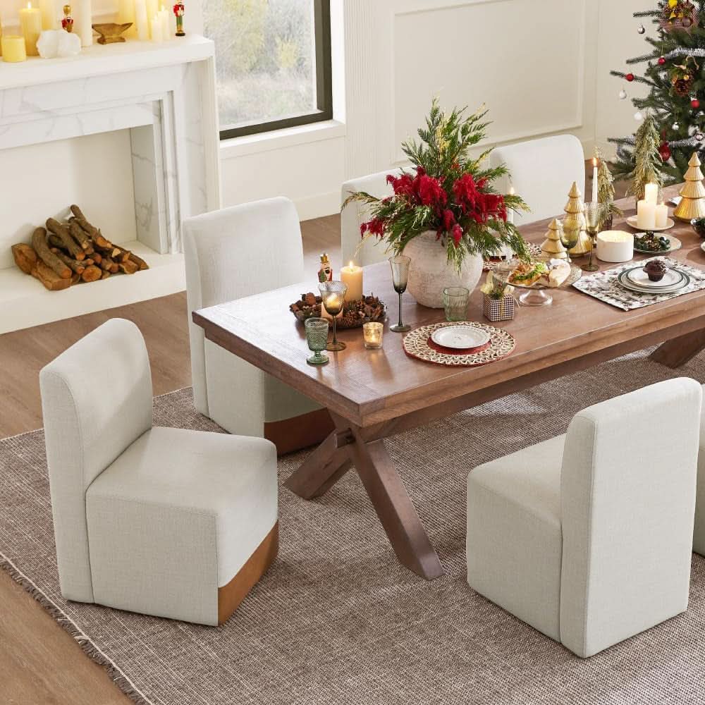 Rolling Dining Chair Set Of 2 With Casters Cognac Linen from PriceLows™