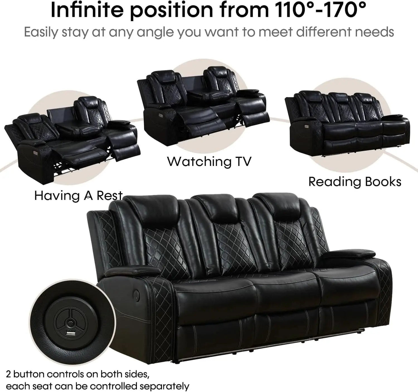 Black Leather Power Recliner Sofa Set With USB Ports from PriceLows™