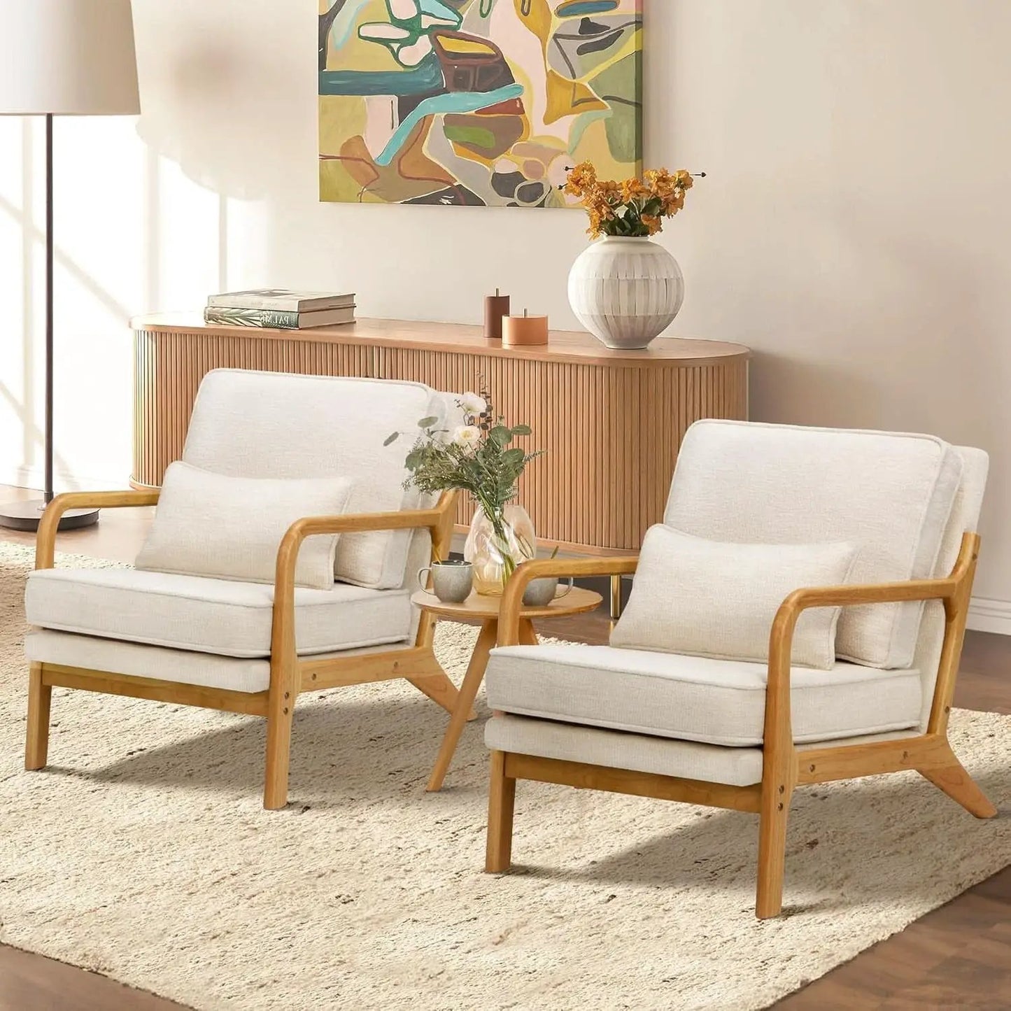 Beige Mid Century Modern Upholstered Armchairs Pair from PriceLows™