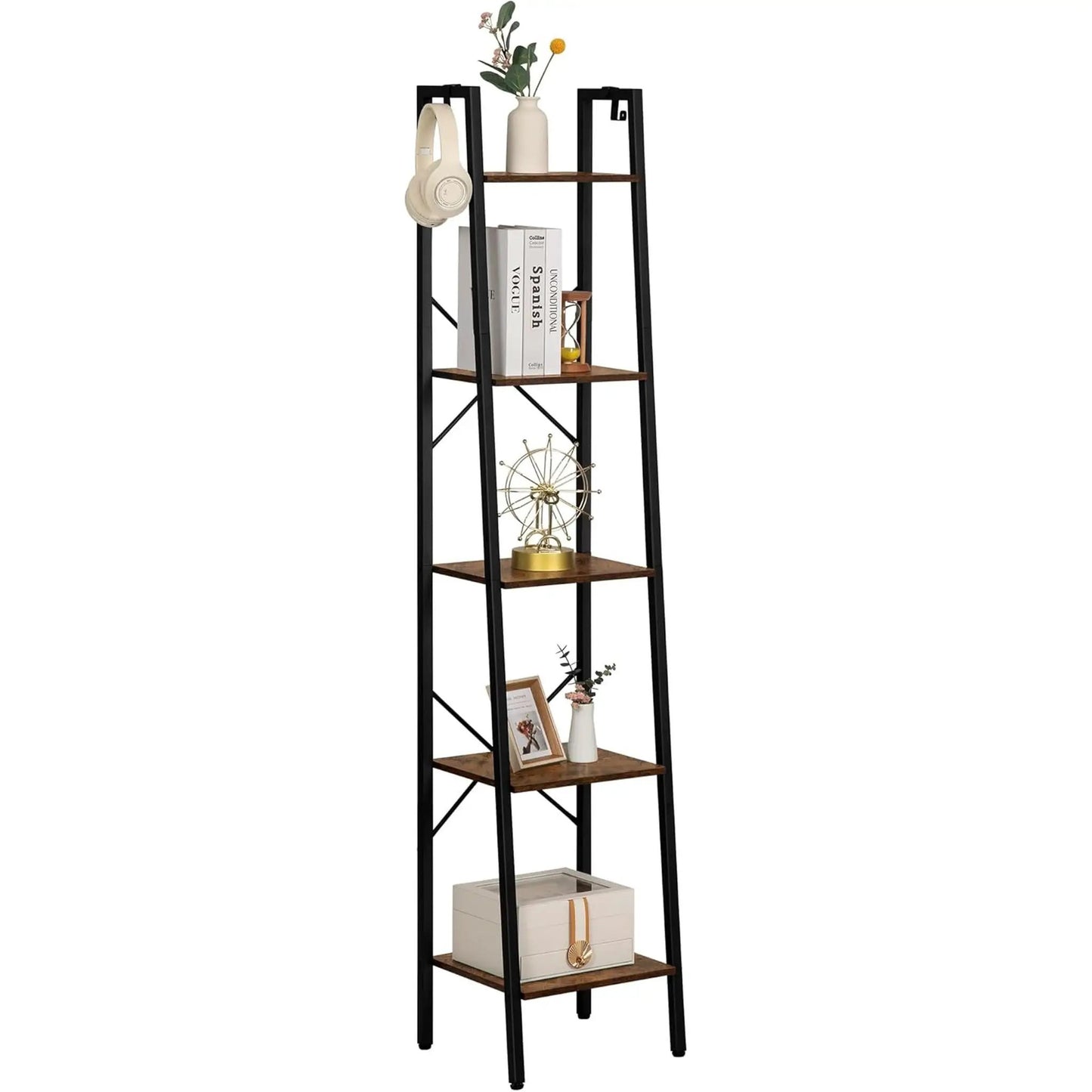 Ladder Shelf Bookcase 5 Tier Rustic Brown Freestanding from PriceLows™