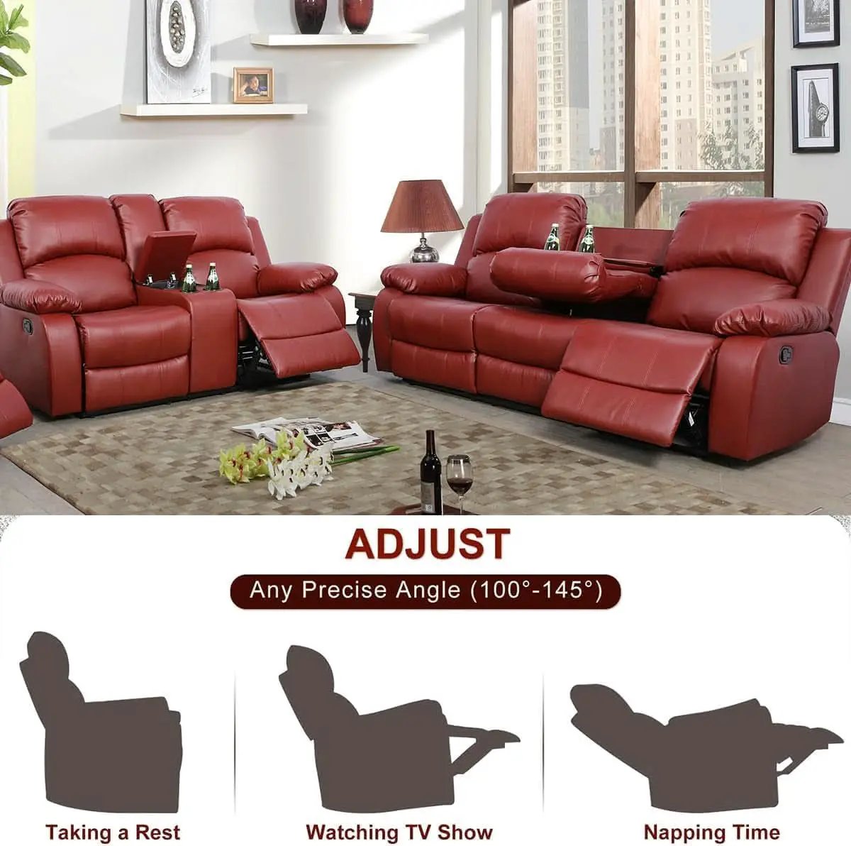 Bonded Leather Living Room Sofa And Loveseat Red Recliner from PriceLows™