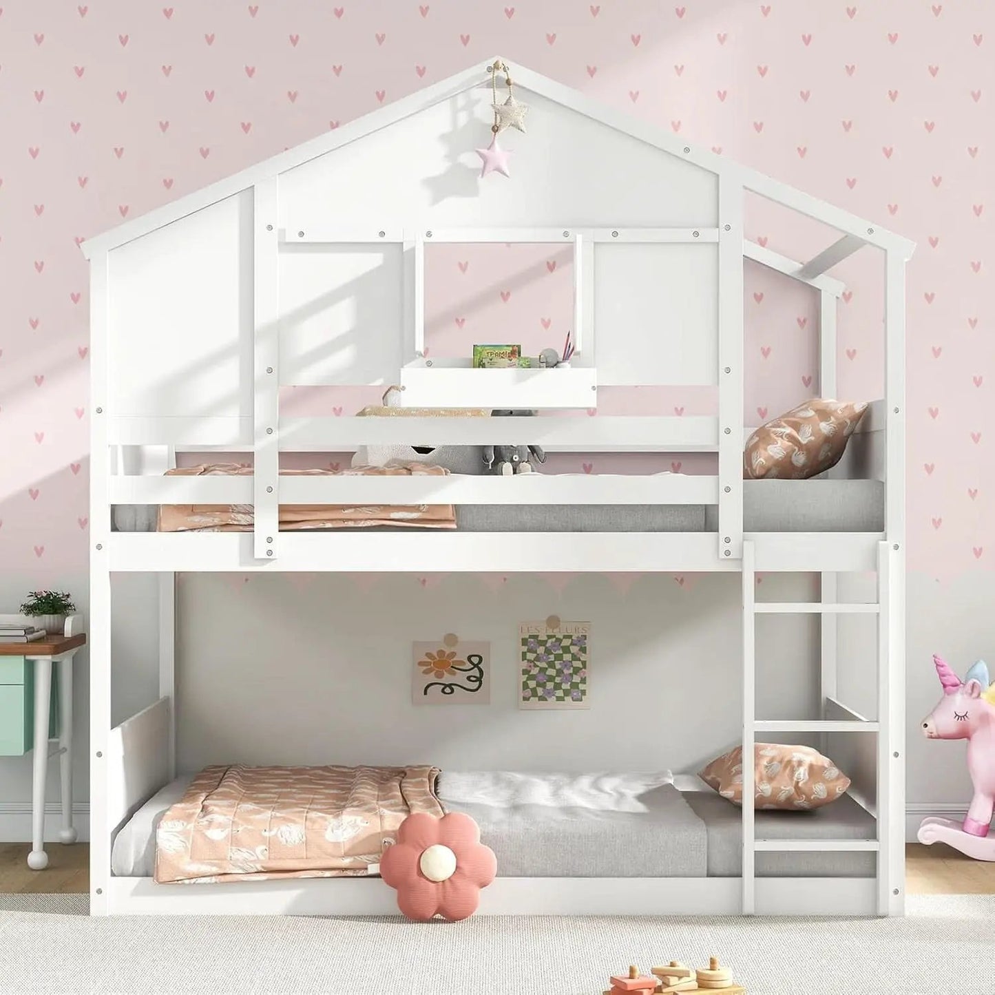 Twin Over Twin White Wood House Bunk Bed For Kids Room from PriceLows™