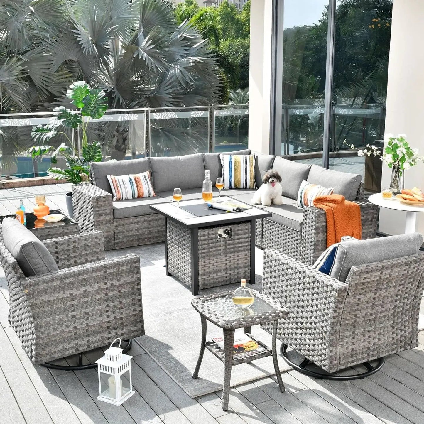 Modular Outdoor Wicker Sofa Set with Fire Pit from PriceLows™