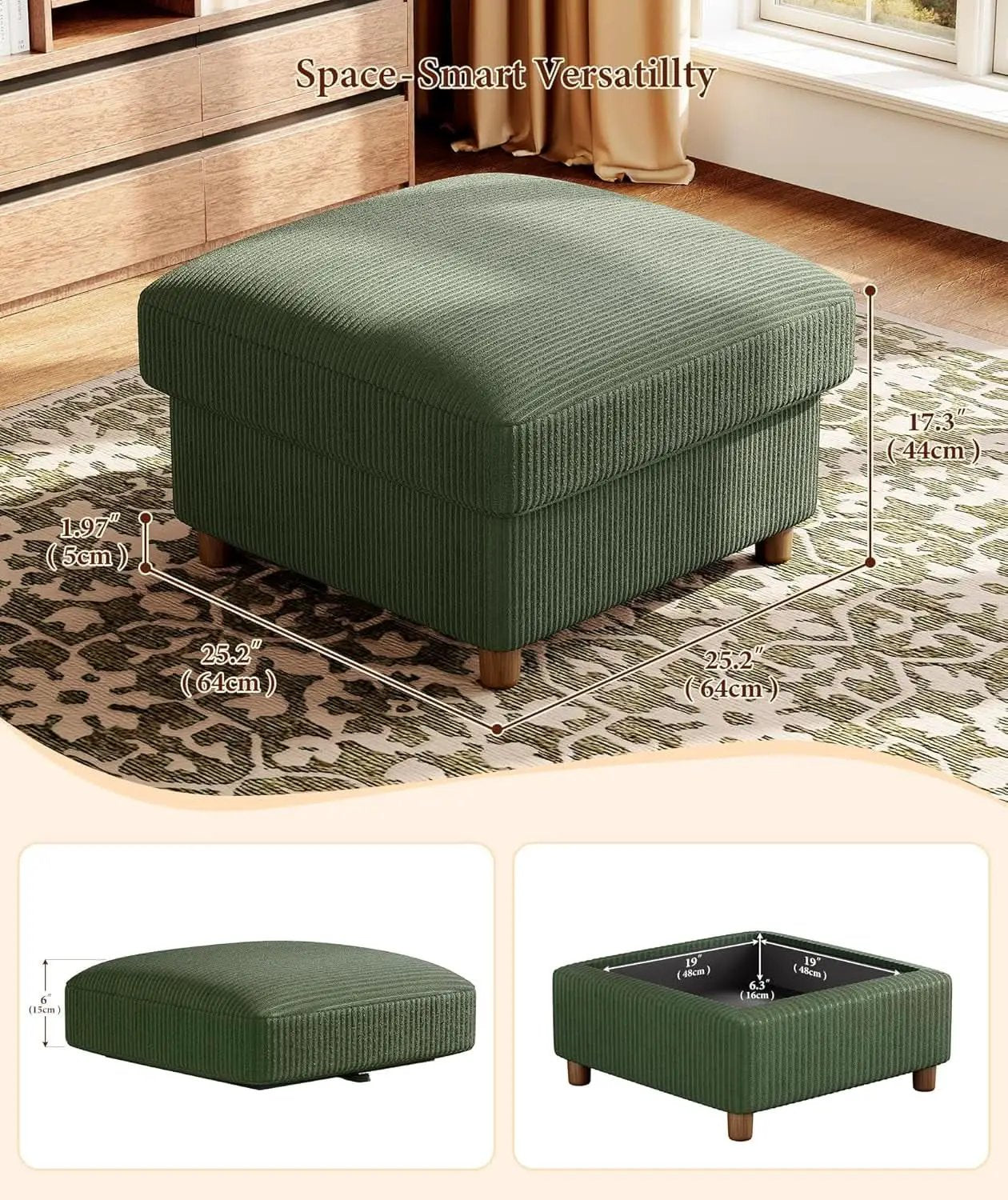Emerald Corduroy Storage Ottoman 25 Inch Cushioned from PriceLows™
