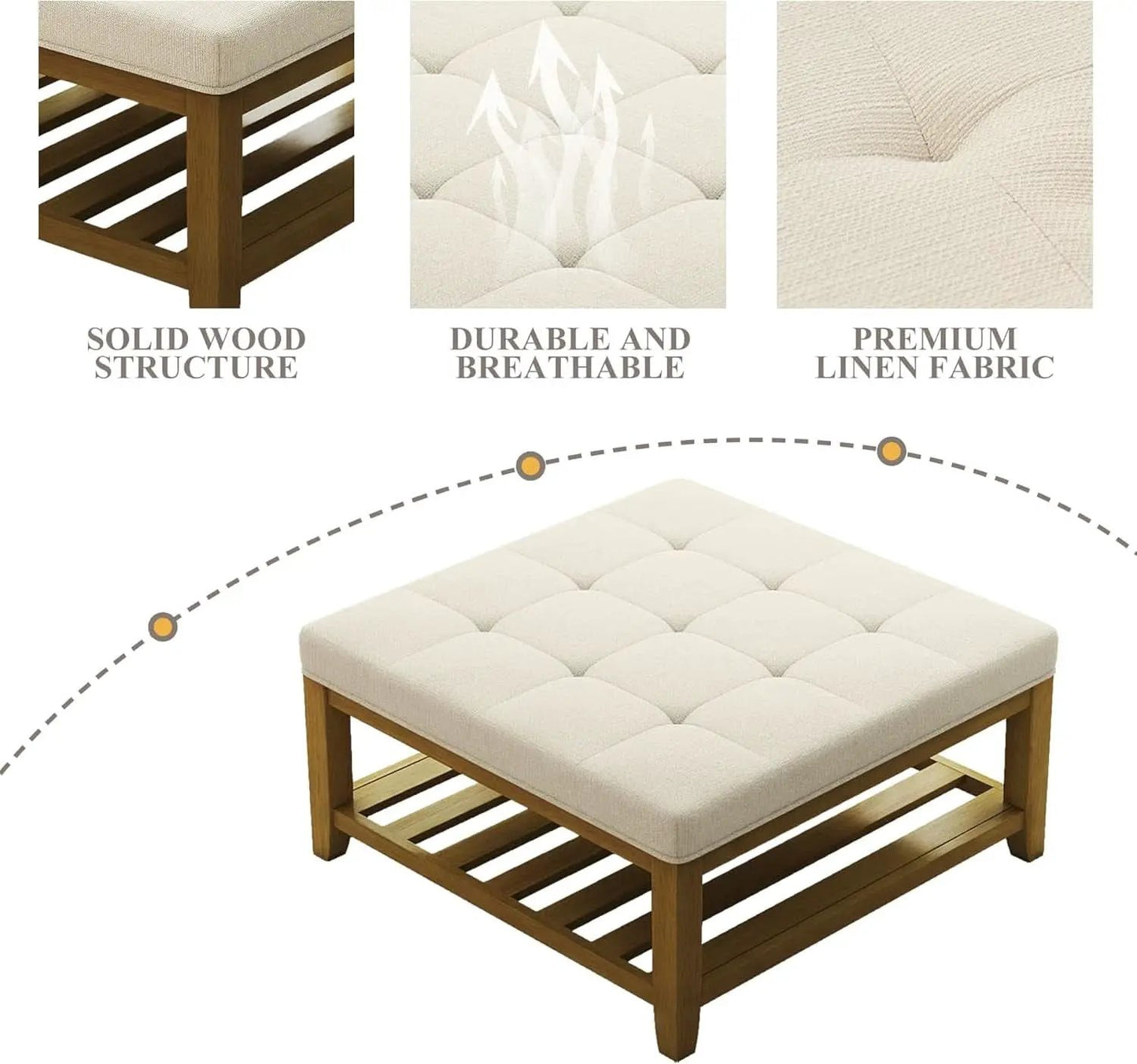 Oversized Ivory Upholstered Ottoman With Wooden Shelf from PriceLows™