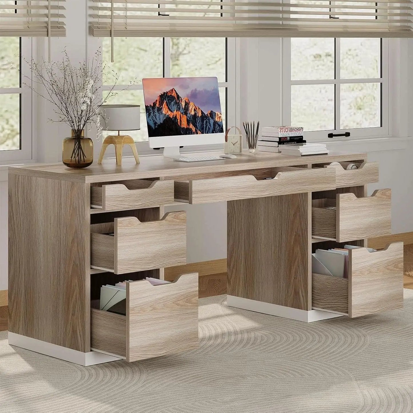 54 Inch Computer Desk With Storage Drawers White Walnut from PriceLows™