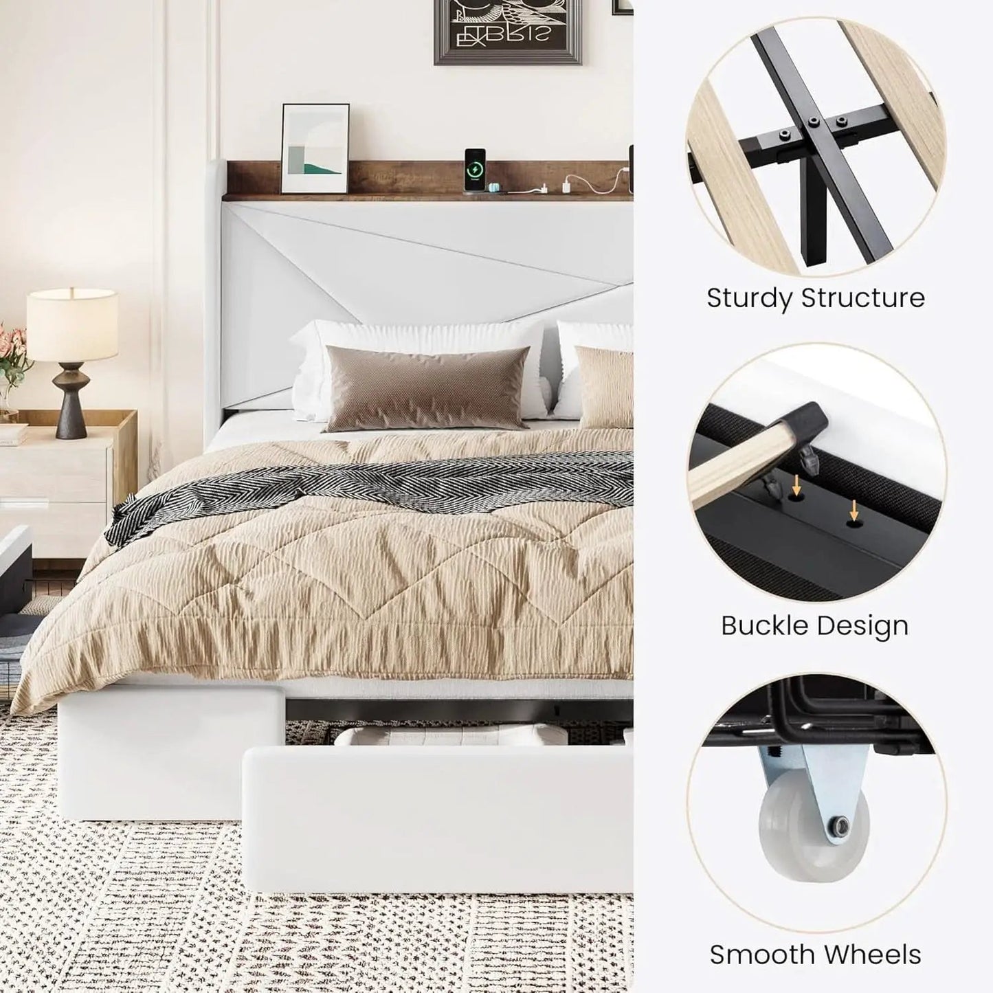 White Velvet Upholstered Bed Frame With USB Type C Ports from PriceLows™