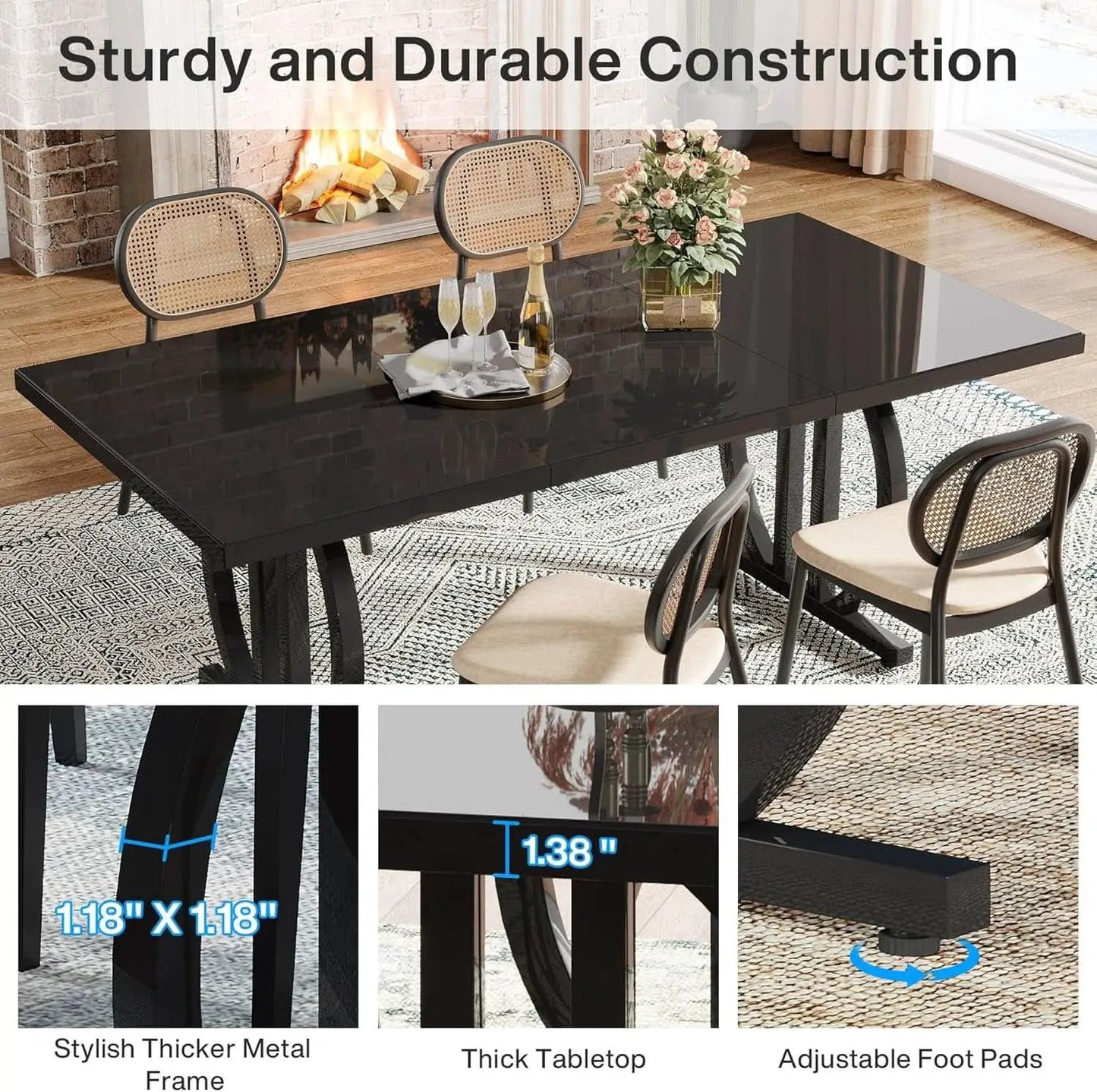 Black 63 Inch Rectangular Dining Table With Thickened Top from PriceLows™