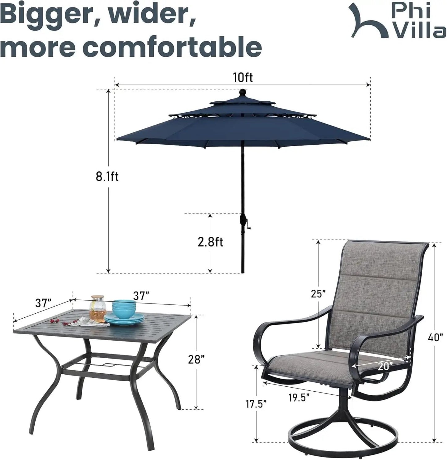 Patio Dining Set for 4 With Navy Umbrella and Padded Chairs from PriceLows™