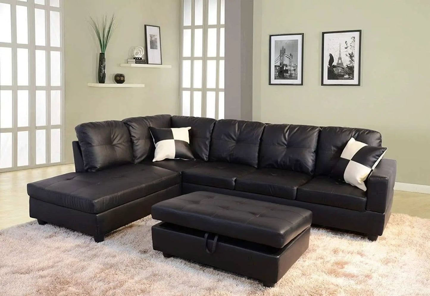 Faux Leather Sectional Sofa With Chaise Black For Living from PriceLows™