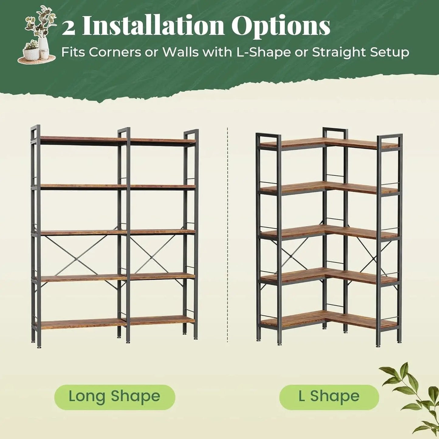 L Shaped Corner Bookshelf 49 Inch Rustic Brown Wood Metal Frame from PriceLows™