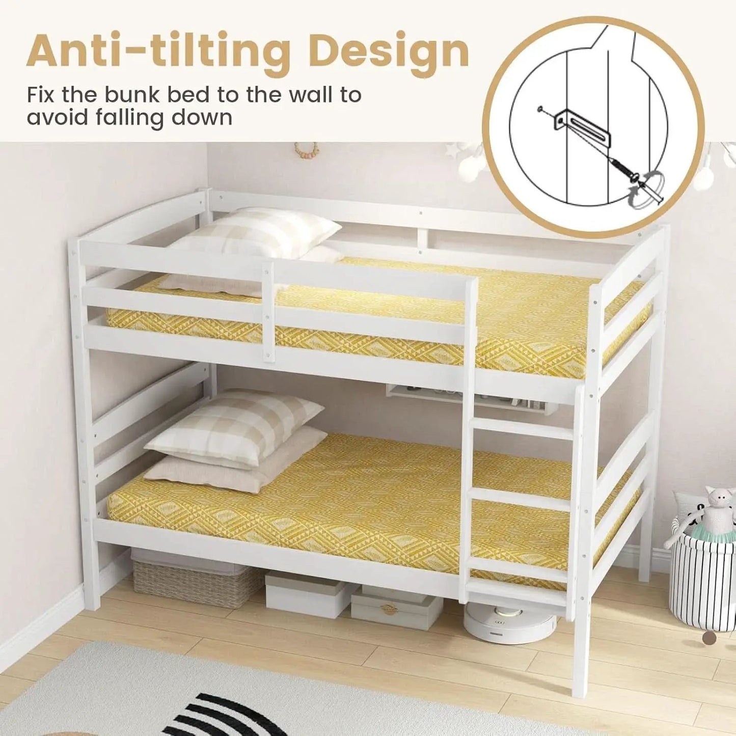 White Twin Over Twin Bunk Bed With Integrated Ladder from PriceLows™