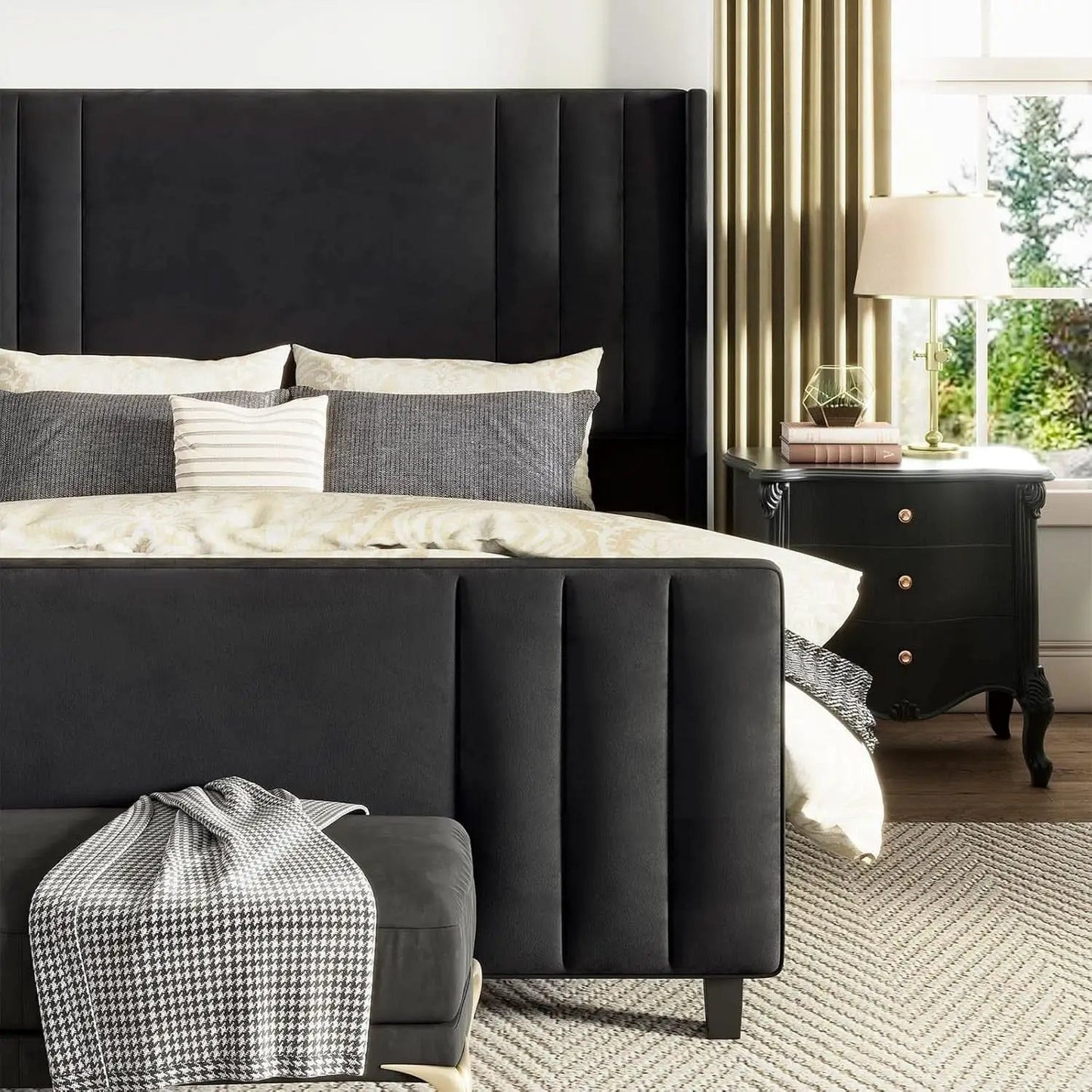 Velvet Queen Platform Bed Frame With Tufted Black Headboard from PriceLows™