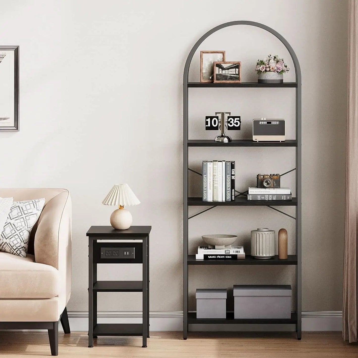 Tall Black Arched Bookcase With 5 Open Shelves For Living Room from PriceLows™