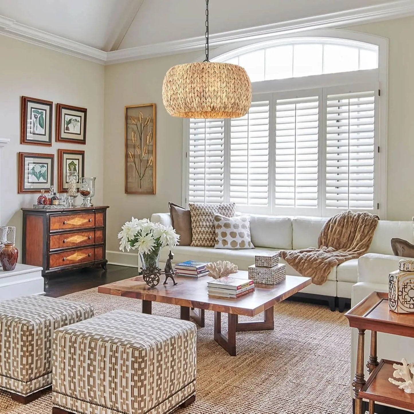 5 Light Farmhouse Rattan Chandelier Natural Water Hyacinth Shade from PriceLows™