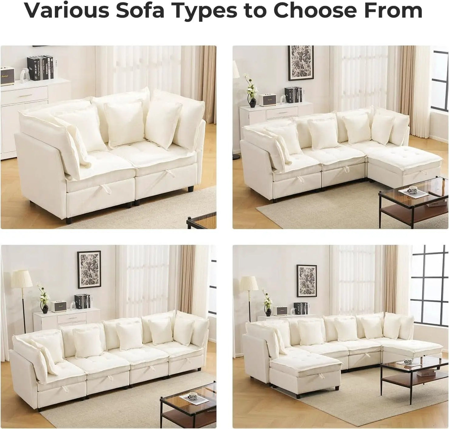 White OneThirtyThreeInch Modular Sectional Sofa Hidden Storage from PriceLows™