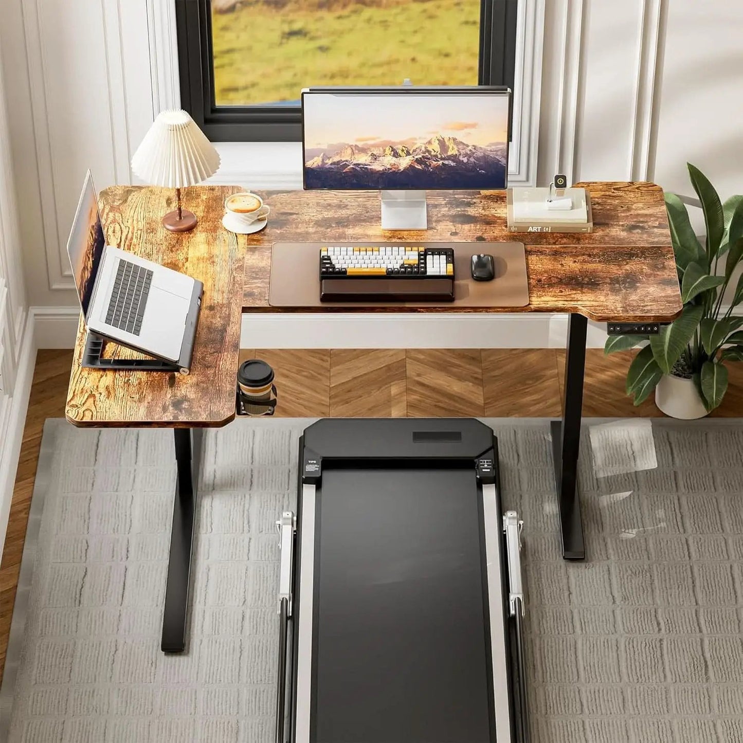 59 Inch Reversible L Shaped Electric Standing Desk Brown from PriceLows™