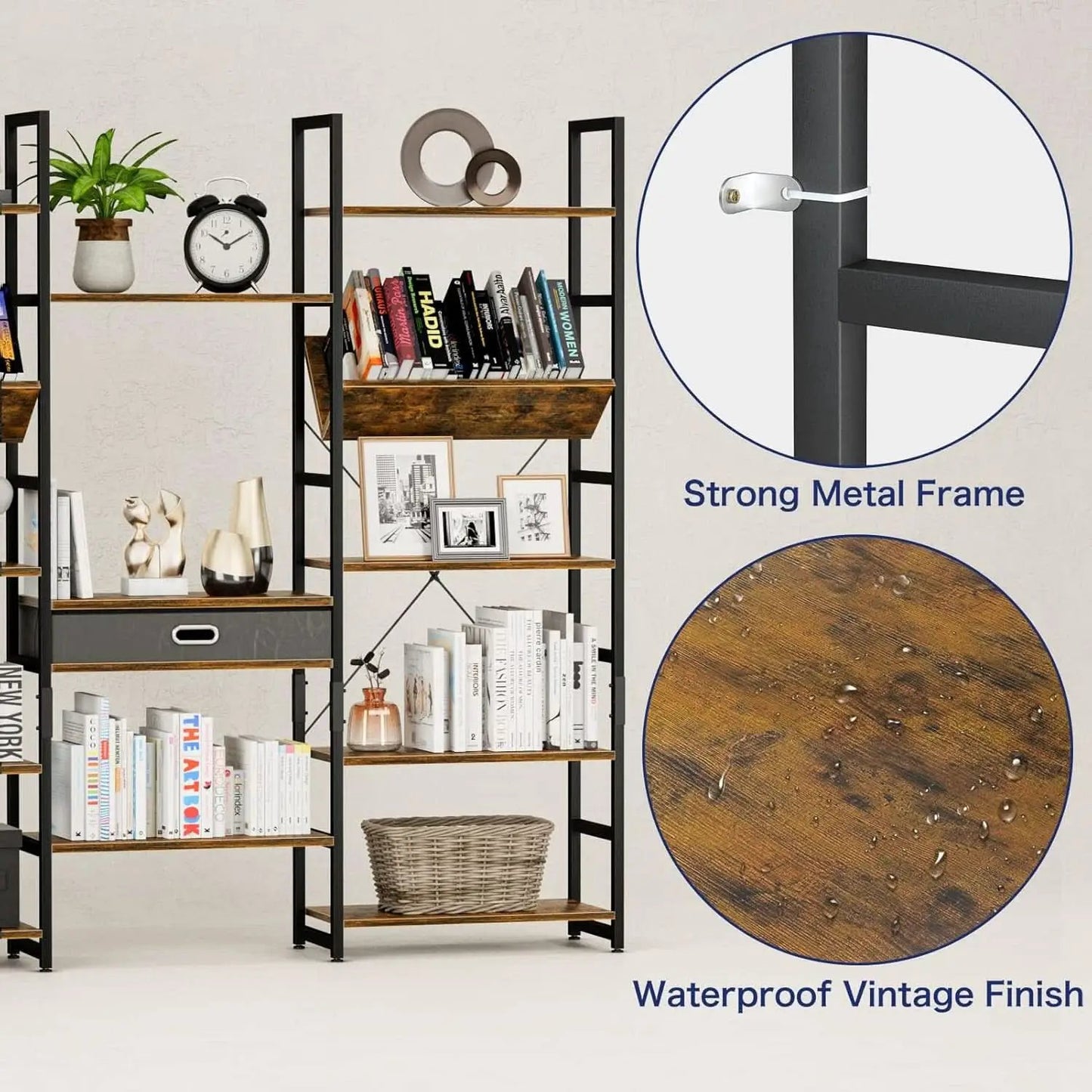 Triple Wide Five Tier Bookshelf Rustic Brown Finish from PriceLows™