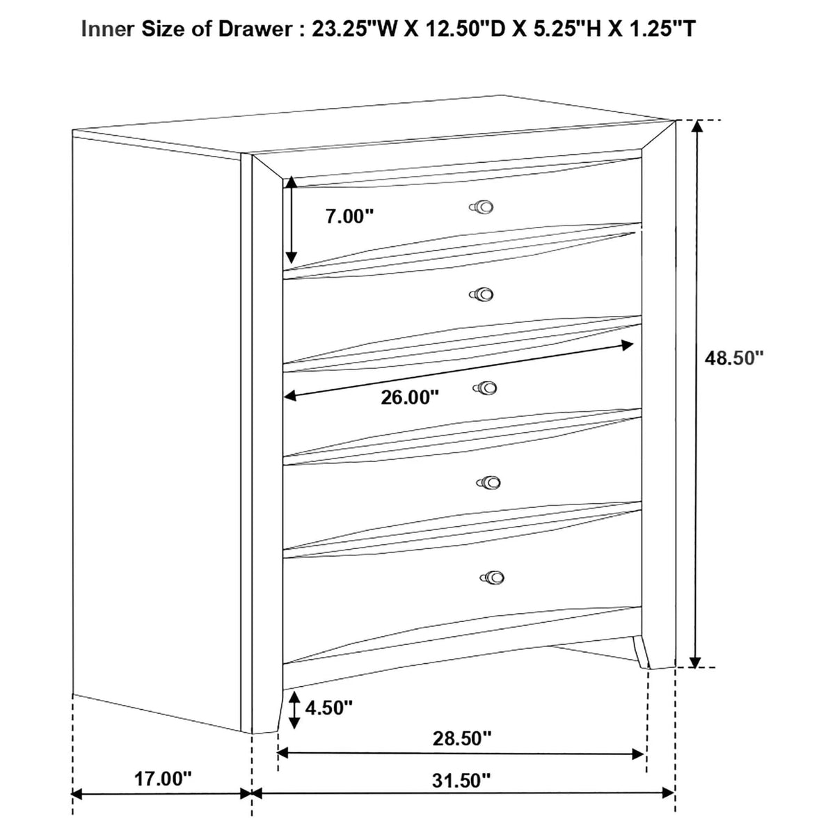 Briana 5-drawer Bedroom Chest | 31.5 x 16.75 x 48.75 in | Rubberwood & Engineered Wood | Black