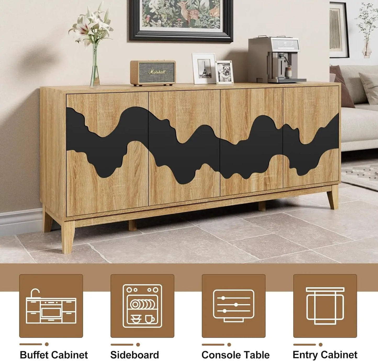 63 Inch Buffet Cabinet White With Blue Water Pattern from PriceLows™