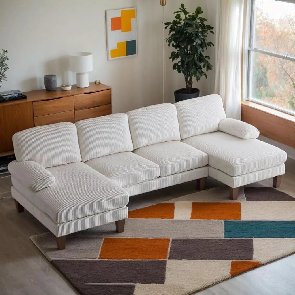 Beige 111 Inch U Shape Corduroy Sectional Sofa With Chaises from PriceLows™