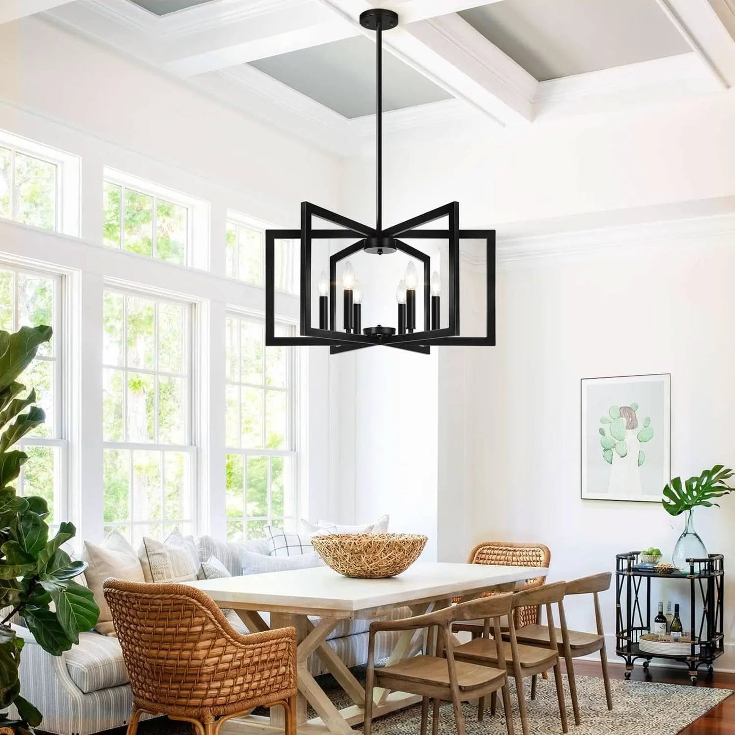 Black 6 Light Chandelier 25 Inch Geometric Square Frame from PriceLows™