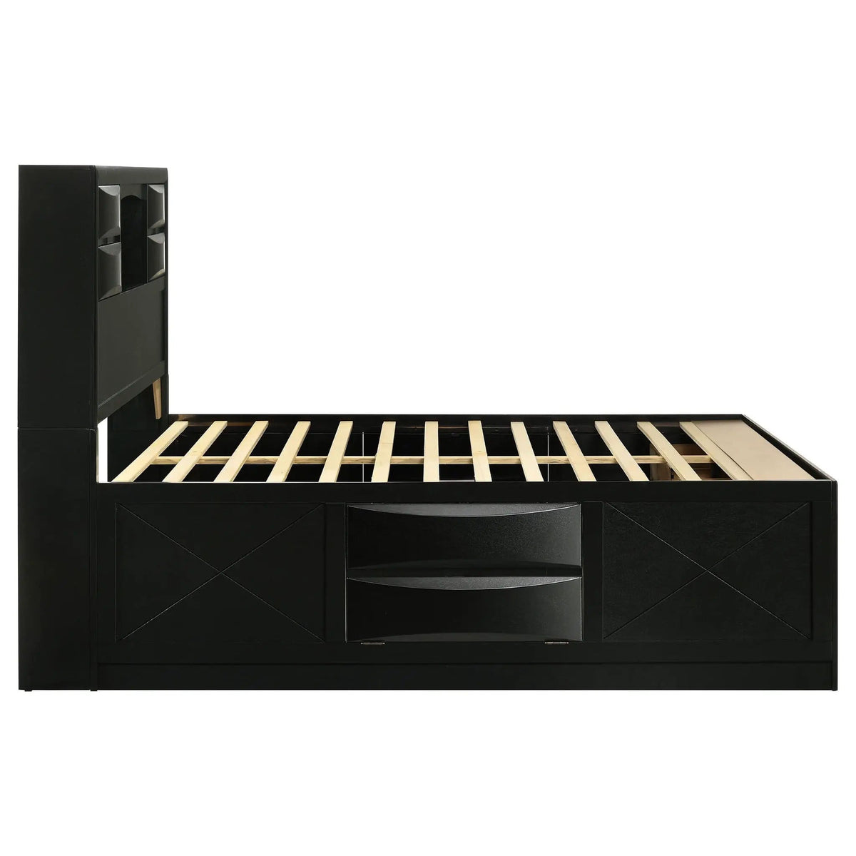 Briana Wood Queen Storage Bookcase Bed | 62.75 x 90.75 x 56 in | Rubberwood & Engineered Wood | Black