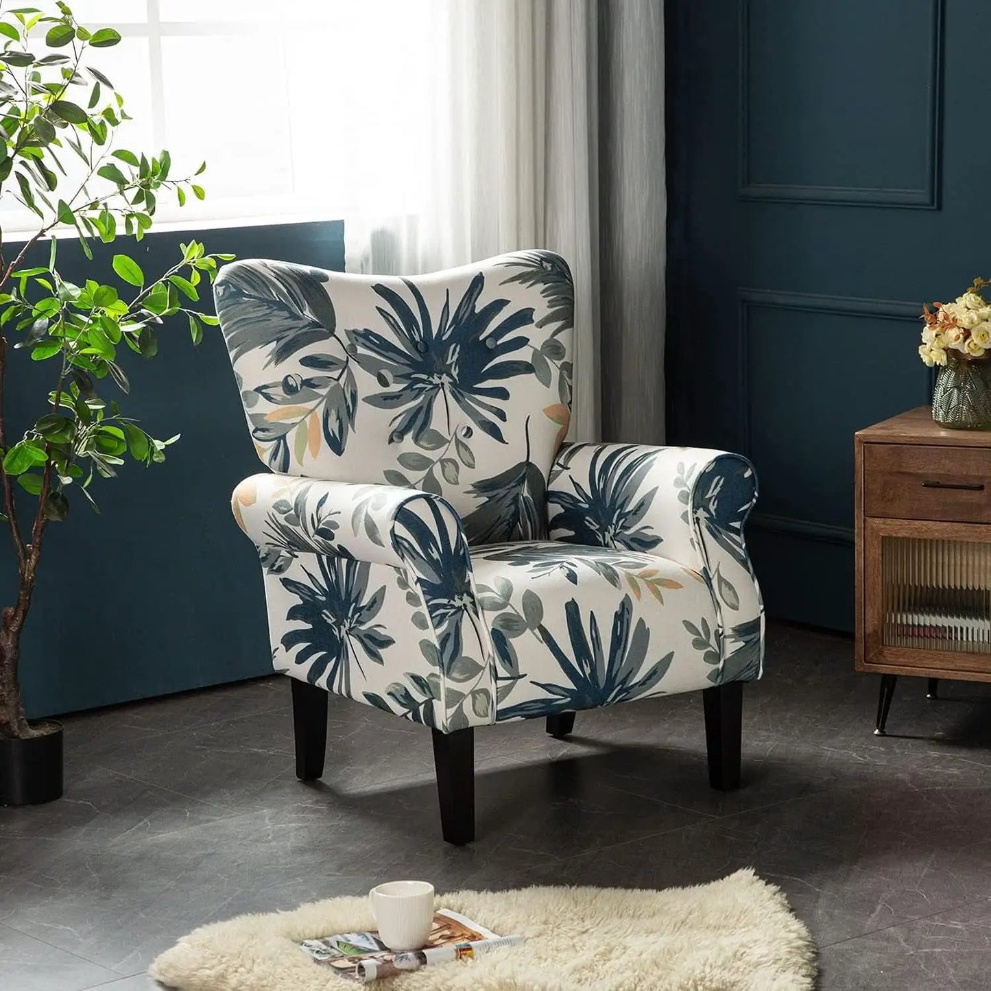 Blue Tufted Armchair With Linen Upholstery And Wood Legs from PriceLows™