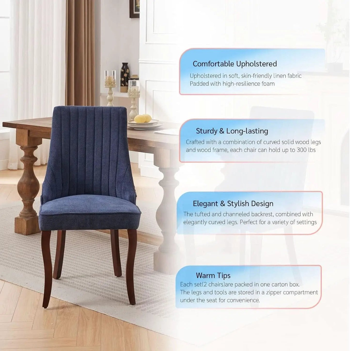 Blue Linen Dining Chairs Set Of 4 With Channel Tufting from PriceLows™