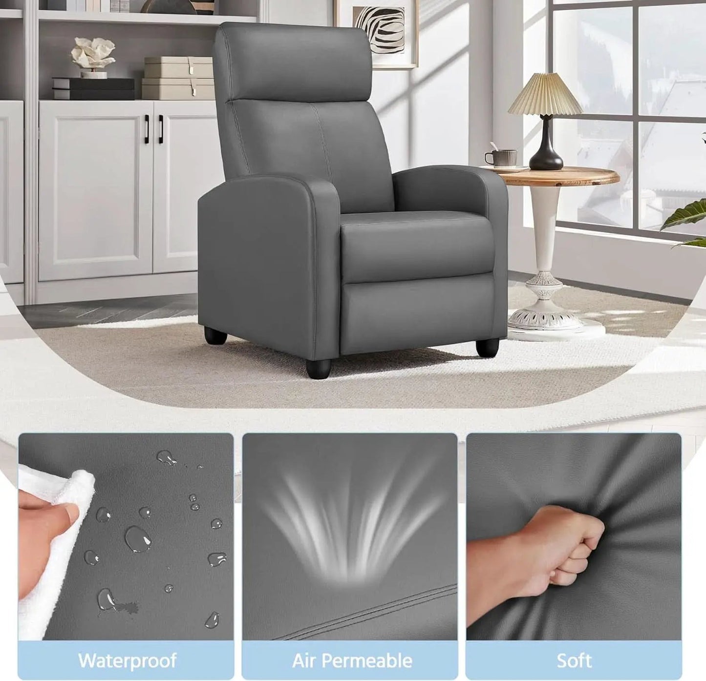 Gray PU Leather Recliner Chair With Lumbar Support from PriceLows™