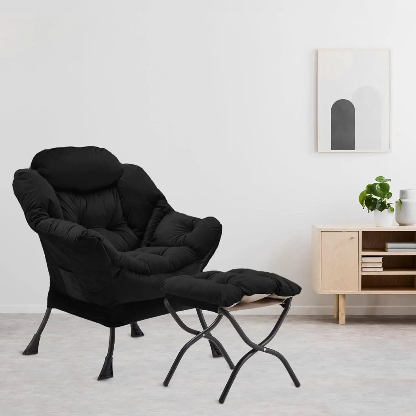 Black Velvet Folding Ottoman Lounge Chair With Footrest from PriceLows™