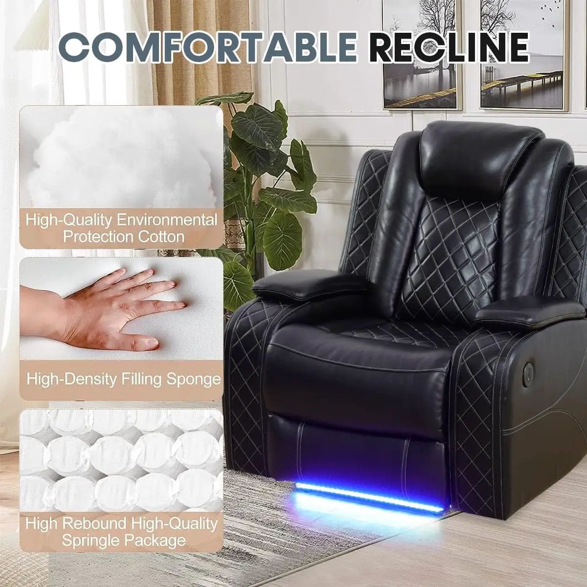 Power Recliner Sofa With LED Lights Black Leather 2 Piece from PriceLows™