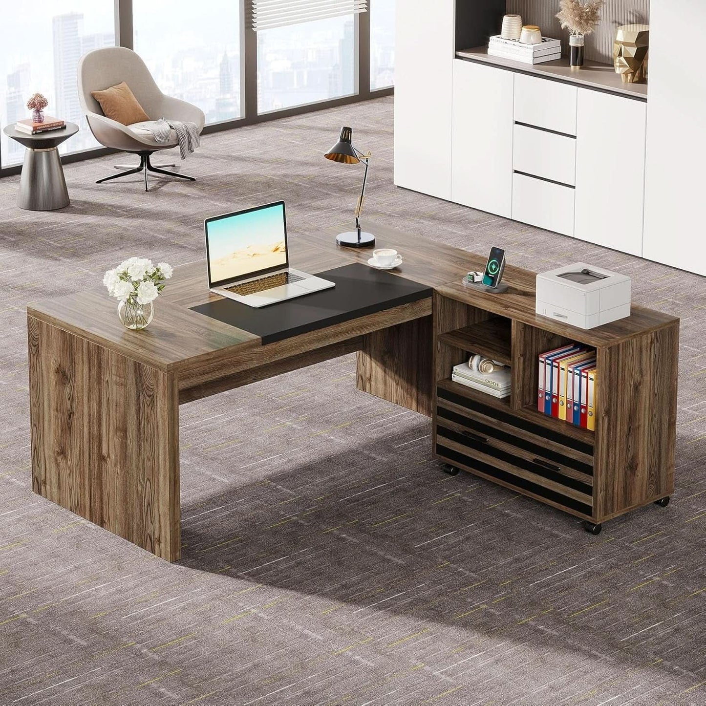 62.2 Inch L Shaped Desk With Mobile File Cabinet Brown from PriceLows™