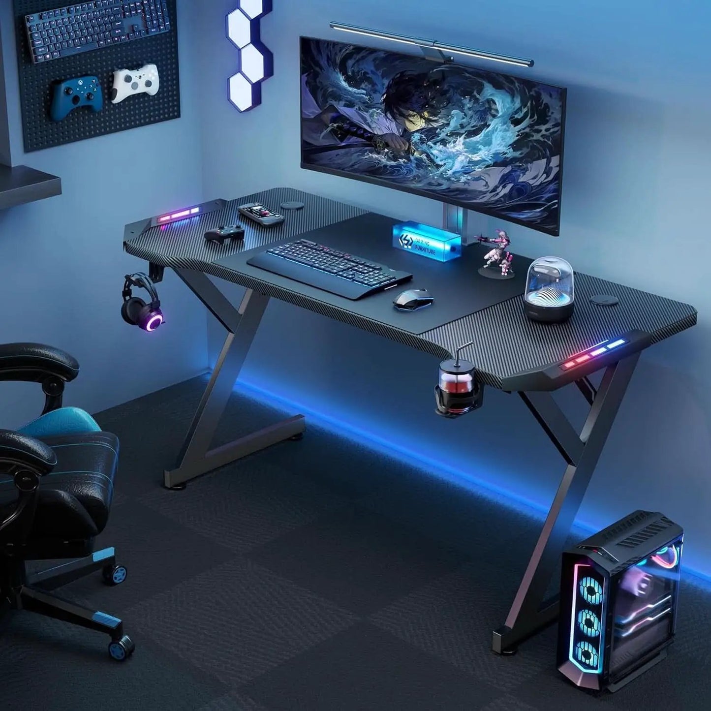 63 Inch Gaming Desk With LED Lights Carbon Fiber Desktop from PriceLows™