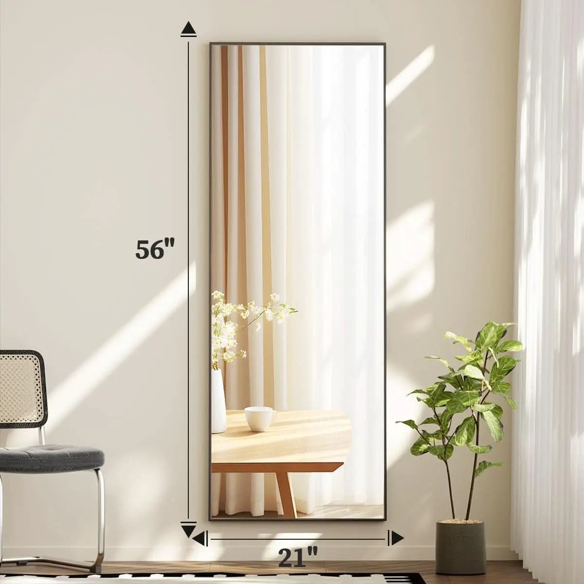 Full Length Standing Mirror 56x21 Black Aluminum Frame Tempered Glass from PriceLows™