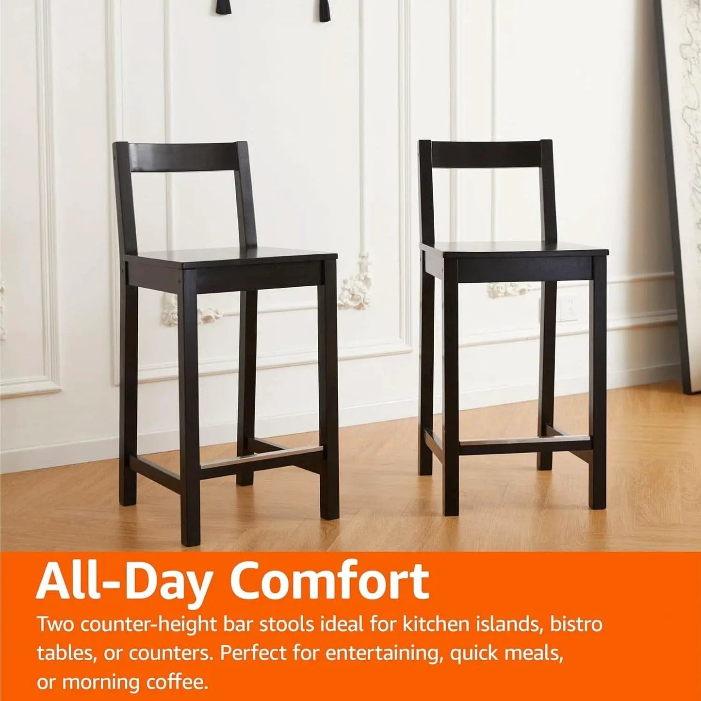 Black Wooden Bar Stools With Backrests Counter Height Set Of 2 from PriceLows™