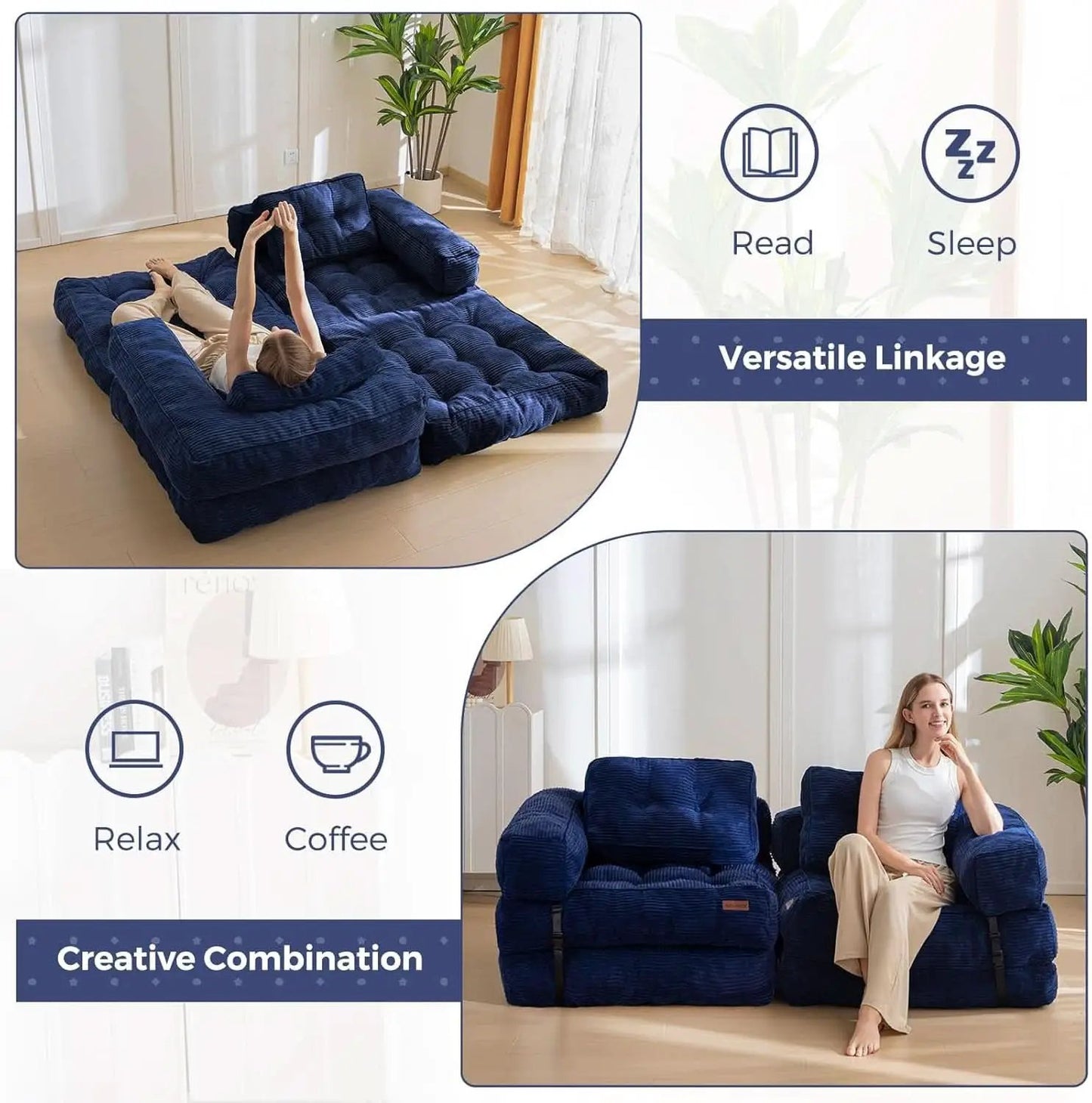 Navy Folding Sofa Bed With Armrests For Living Room from PriceLows™