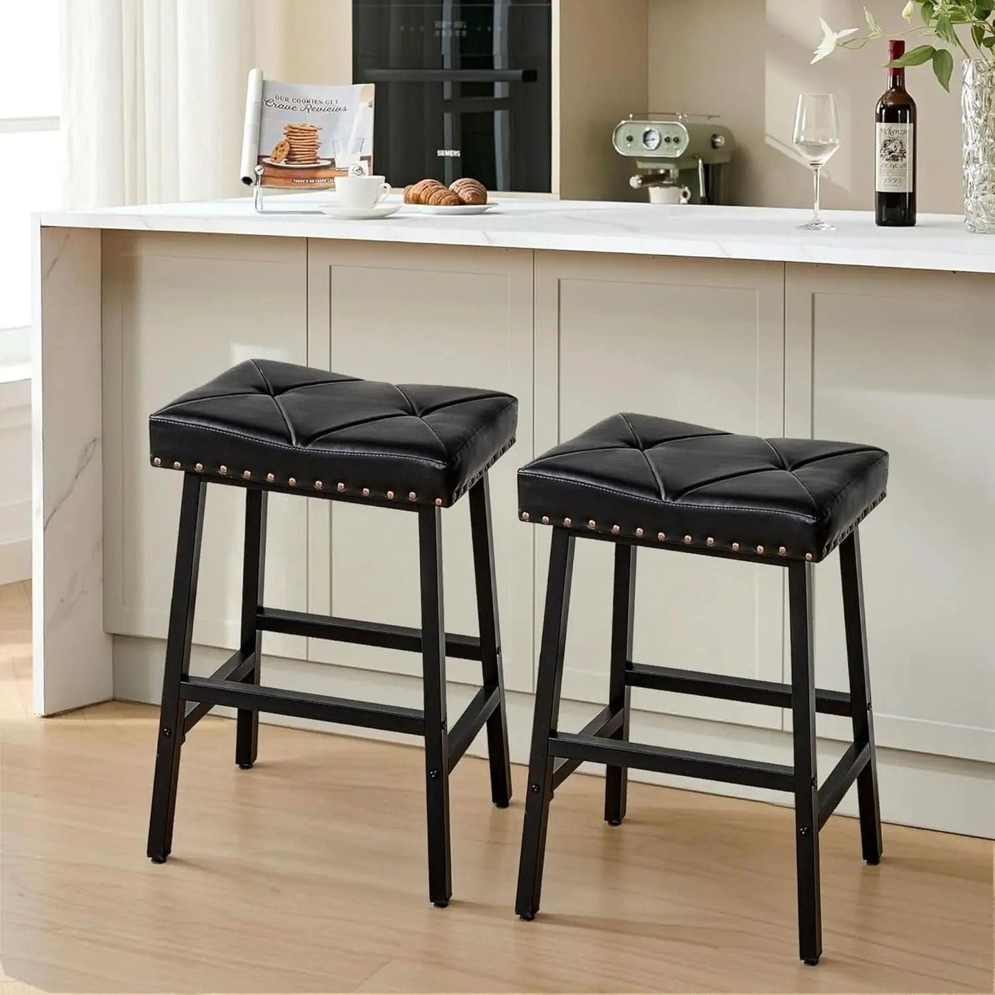 25 Inch Counter Height Bar Stools Set Of 2 In Black With PU Upholstered Saddle Seats For Comfort from PriceLows™