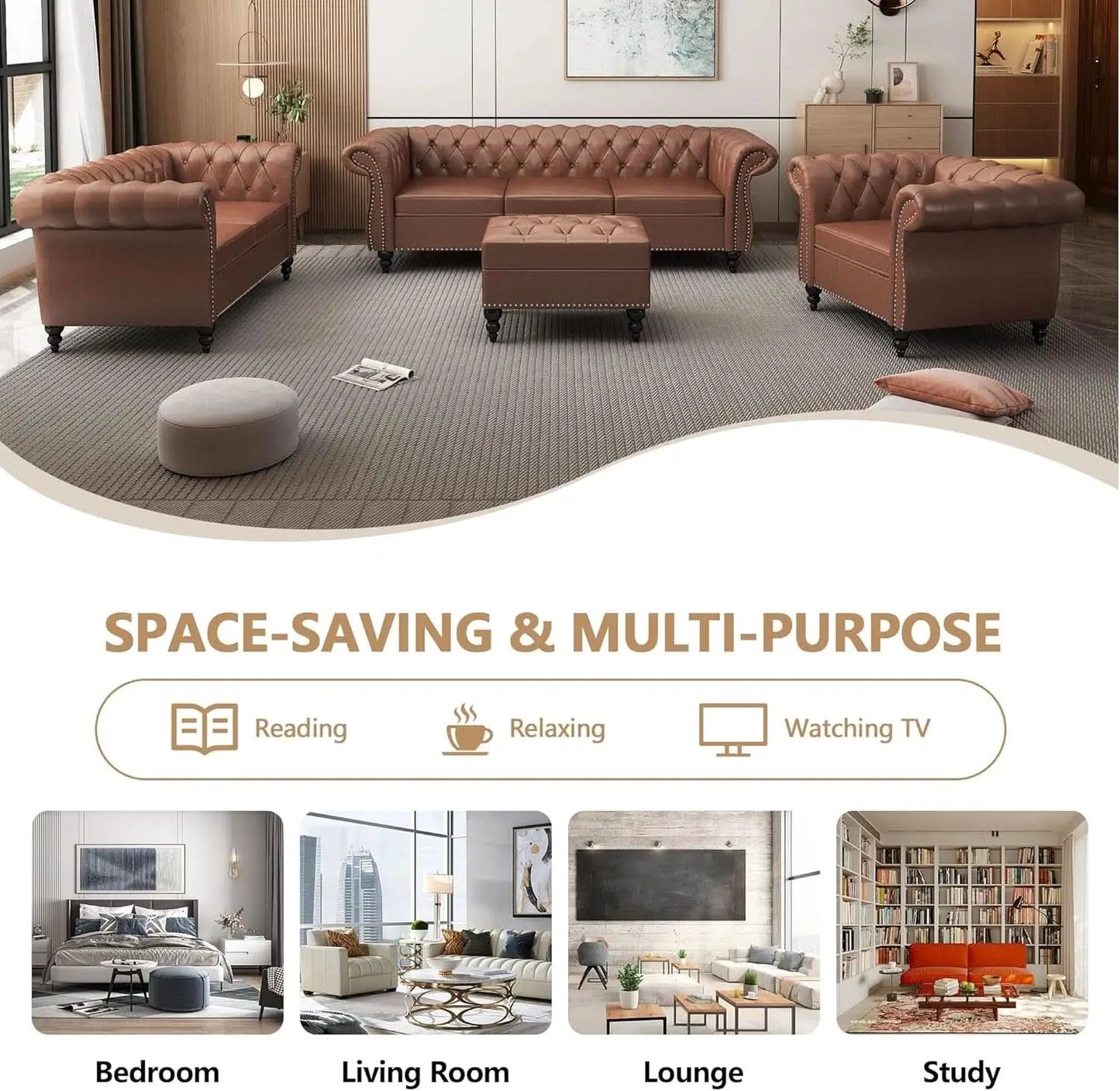 3 Piece Chesterfield Leather Sofa Set With Rolled Arms And Nailhead Trim Modern Brown Living Room Set from PriceLows™