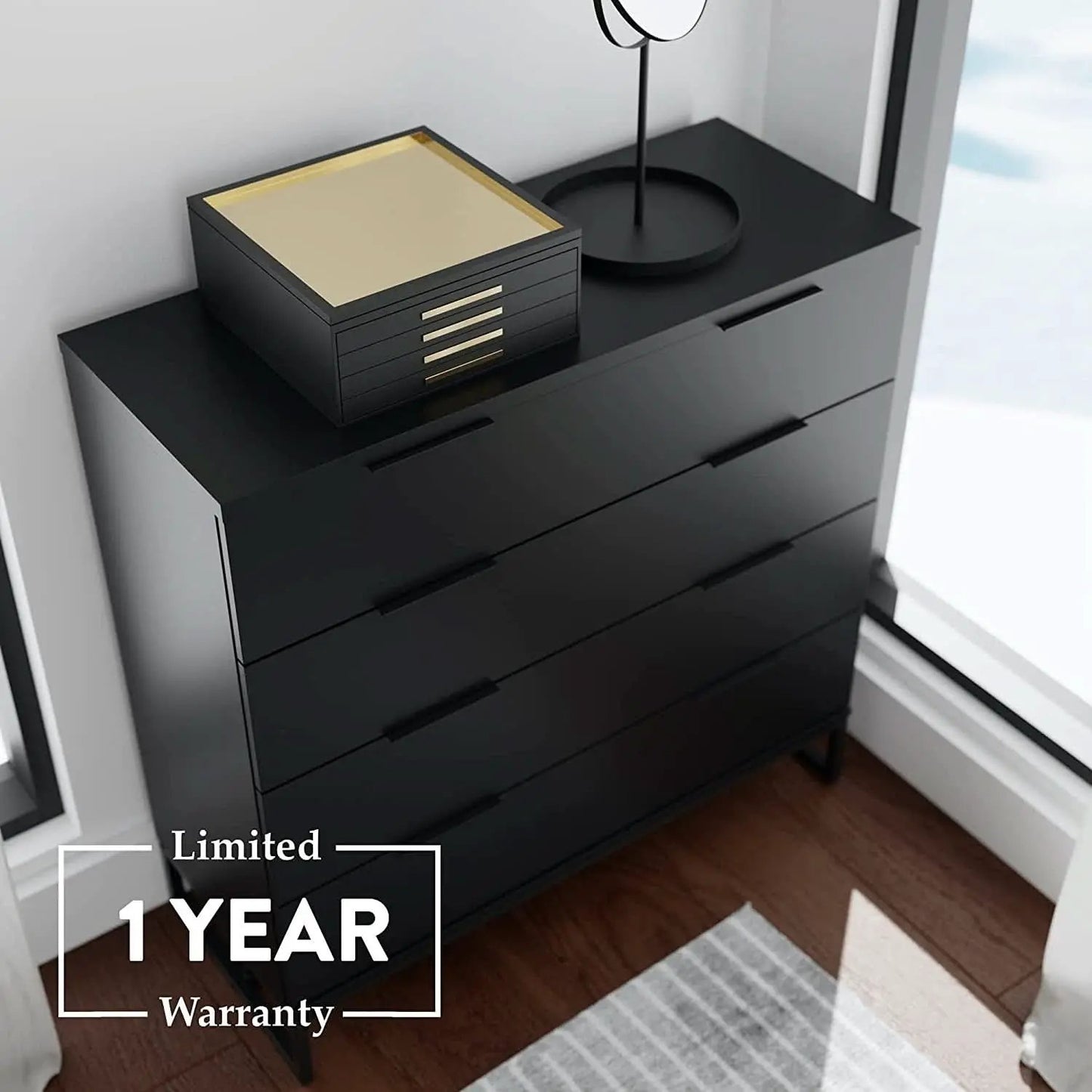 Black Modern Four Drawer Dresser Storage Chest For Bedroom from PriceLows™