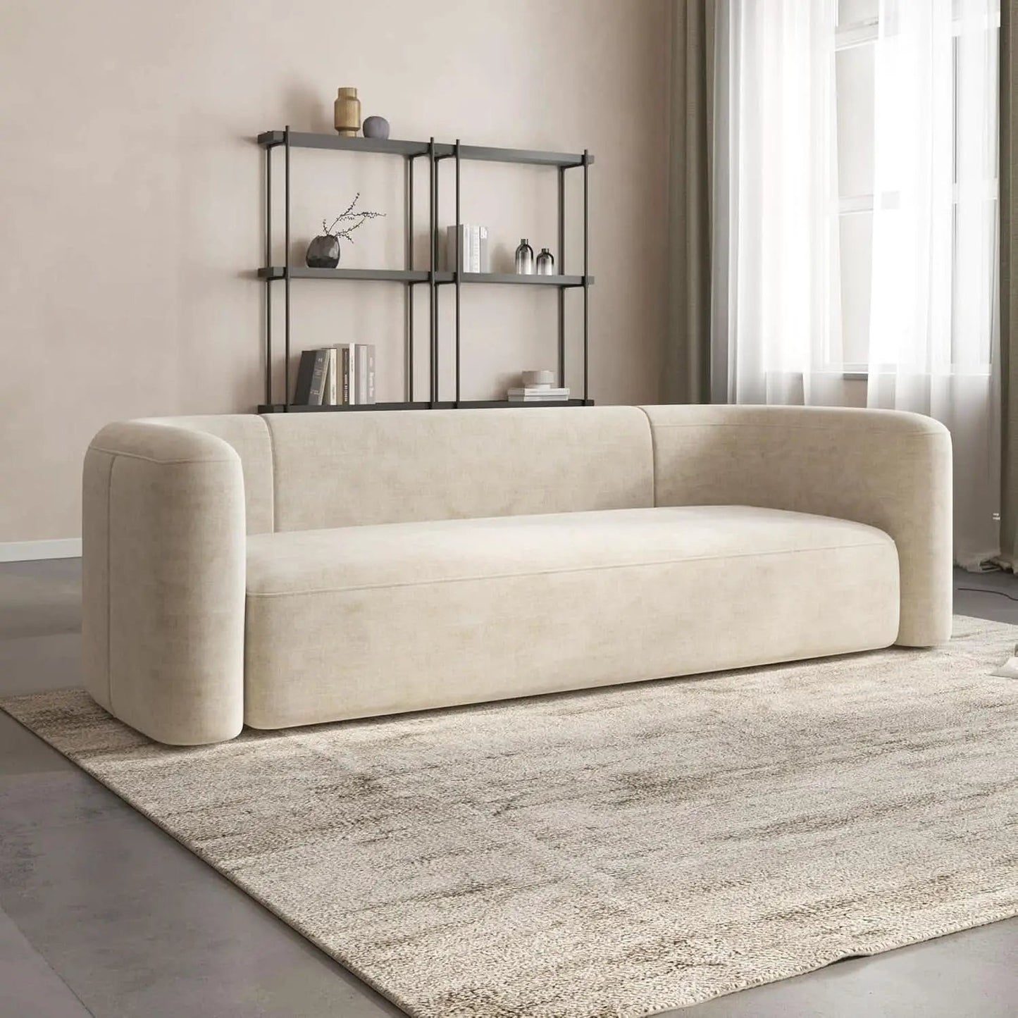 Cream Velvet 3 Seater Modern Sofa With Curved Backrest from PriceLows™