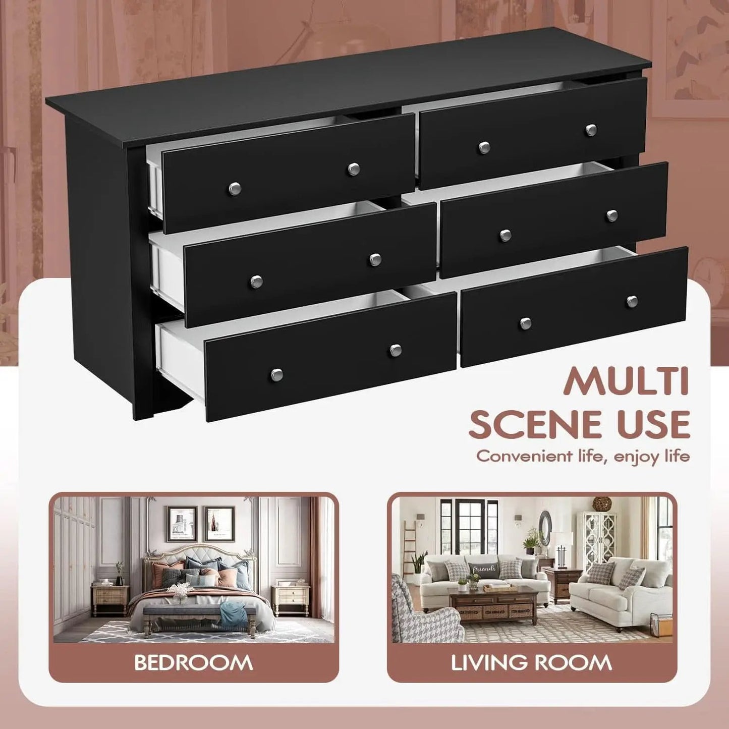 Black Dresser With 6 Drawers And TV Stand Storage Chest from PriceLows™