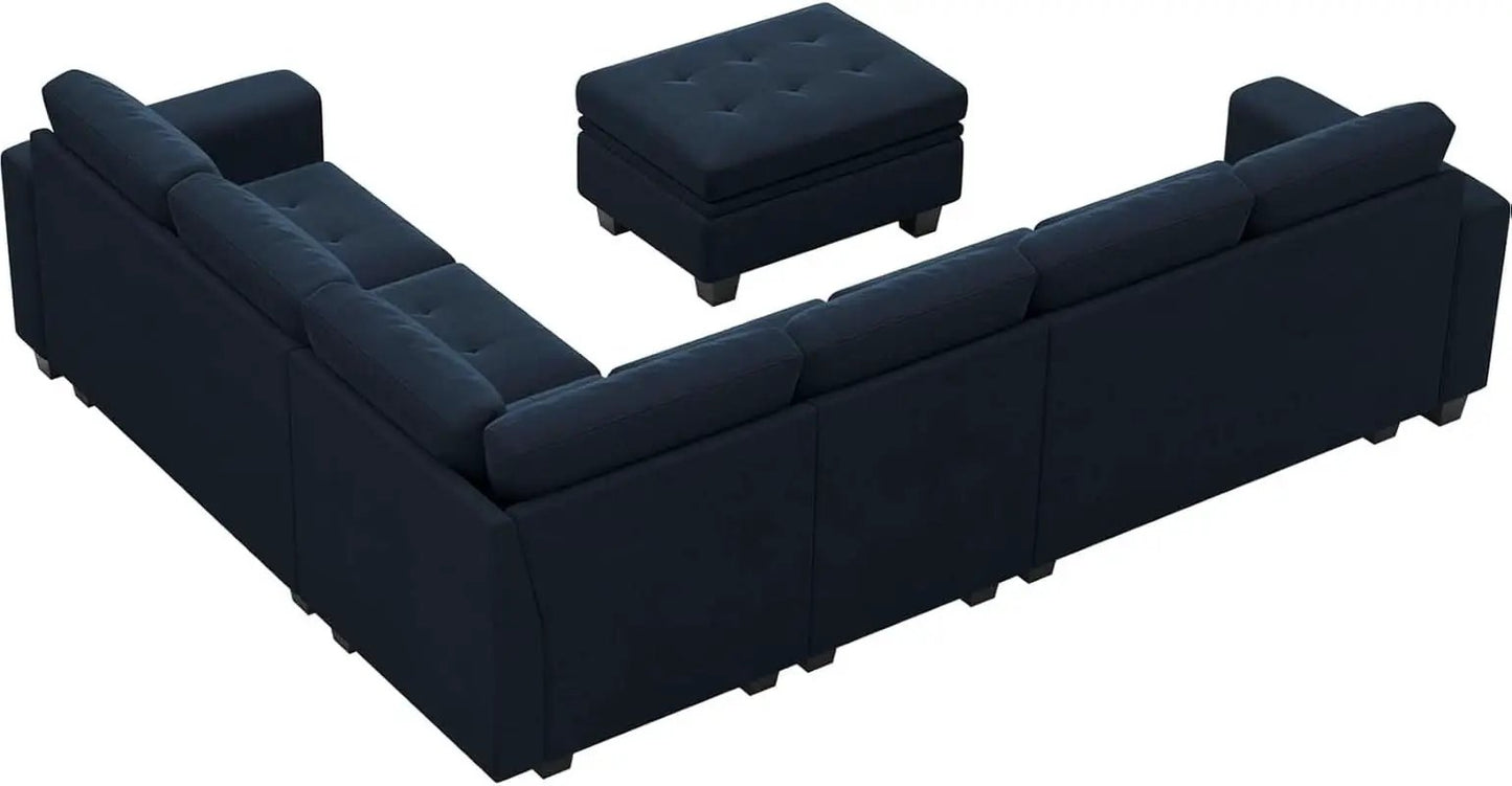 Velvet L Shaped Sofa Reversible Chaise Storage Ottoman Blue from PriceLows™