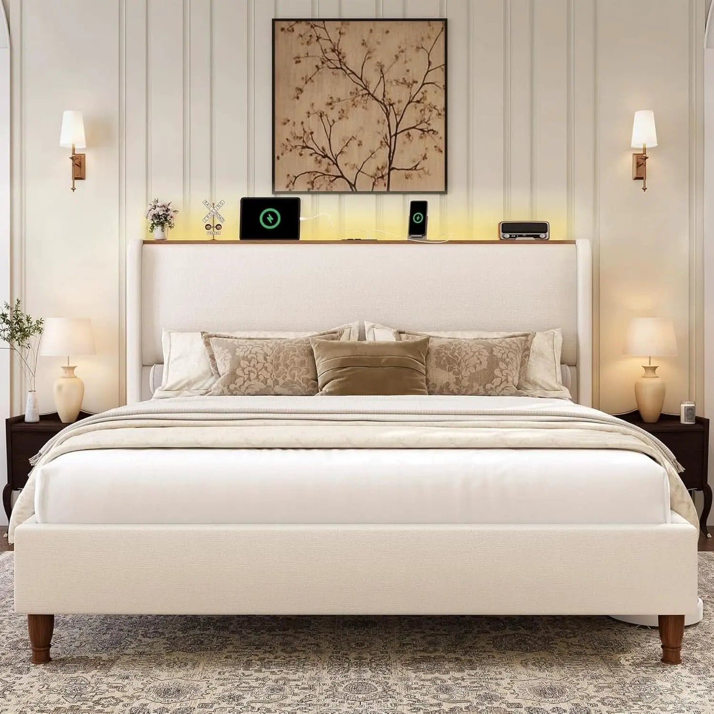 Queen Size Upholstered Bed Frame With LED Lights And USB from PriceLows™