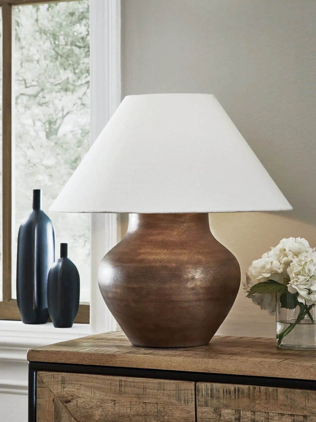 Whitham Metal Table Lamp | 22.25 x 22.25 x 23.25 in | Fabric & Metal | Antique Copper Finish