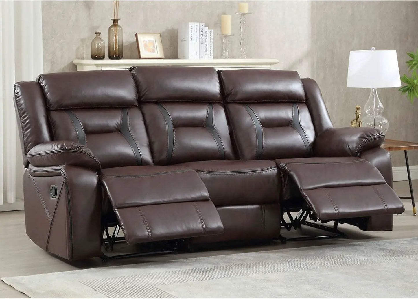 Three Seat Manual Reclining Sofa Dark Brown Faux Leather from PriceLows™