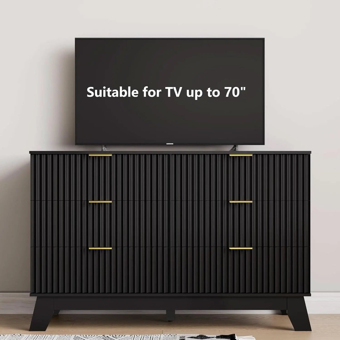 6 Drawer Dresser In Natural Wood With Fluted Front And Gold Handles from PriceLows™