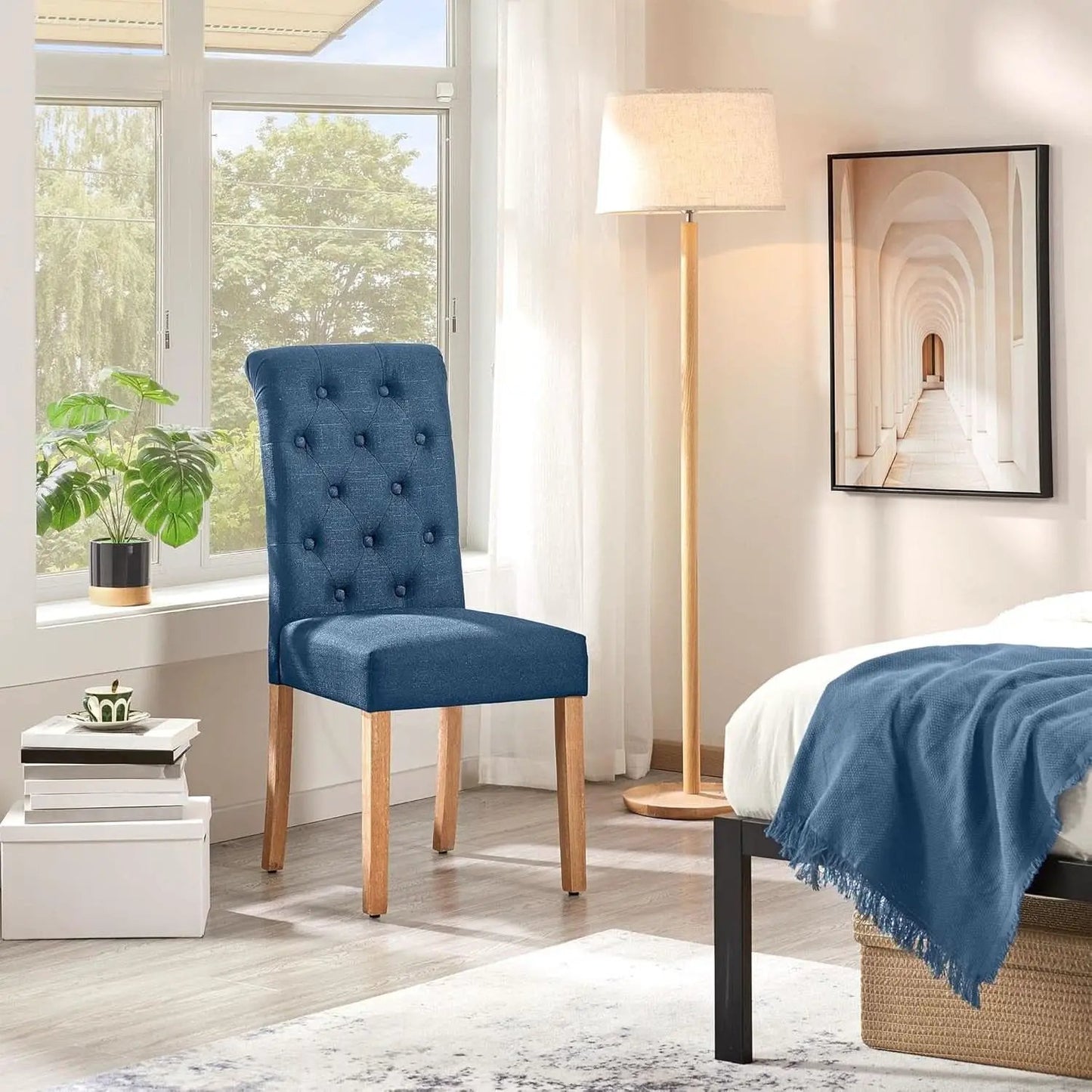 Blue Button Tufted Dining Chairs Set Of 2 With Solid Wood Legs from PriceLows™